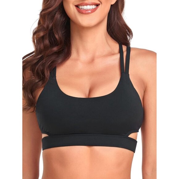 🆕Women Black Polyamide Sport Bra Scoop Neck Strappy Cutout Fitness Workout Top - Picture 1 of 6